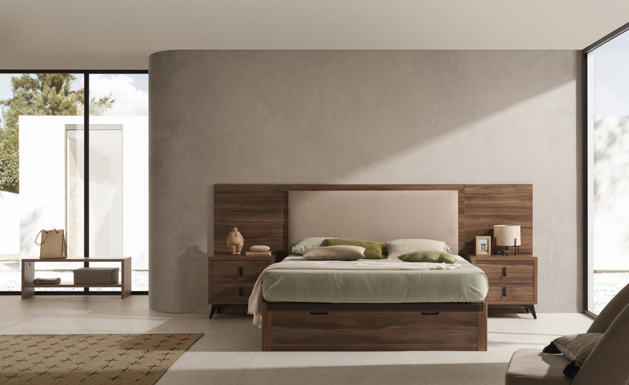 Lit coffre Condor avec tête de lit Aloe tissu et bois